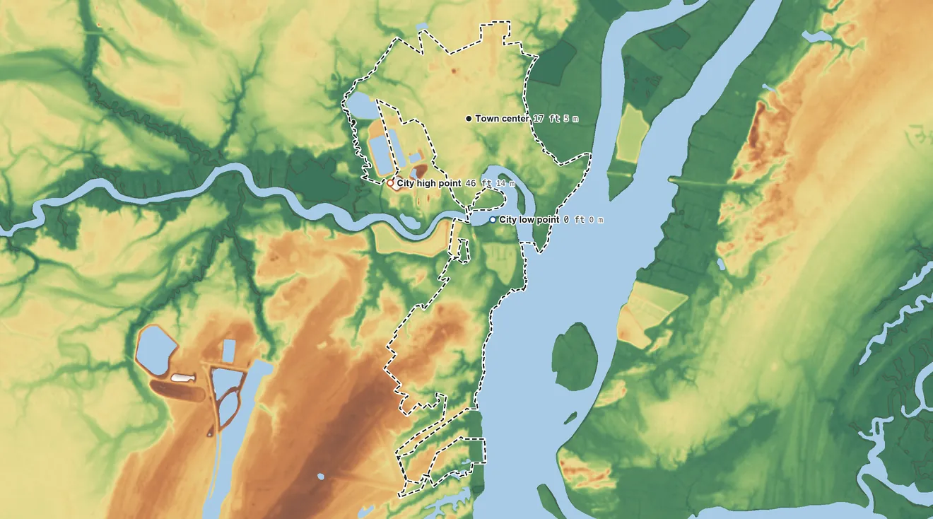 Topographic elevation map of Georgetown, South Carolina, shaded from sea level level on Winyah Bay to 46 ft on the southwest side