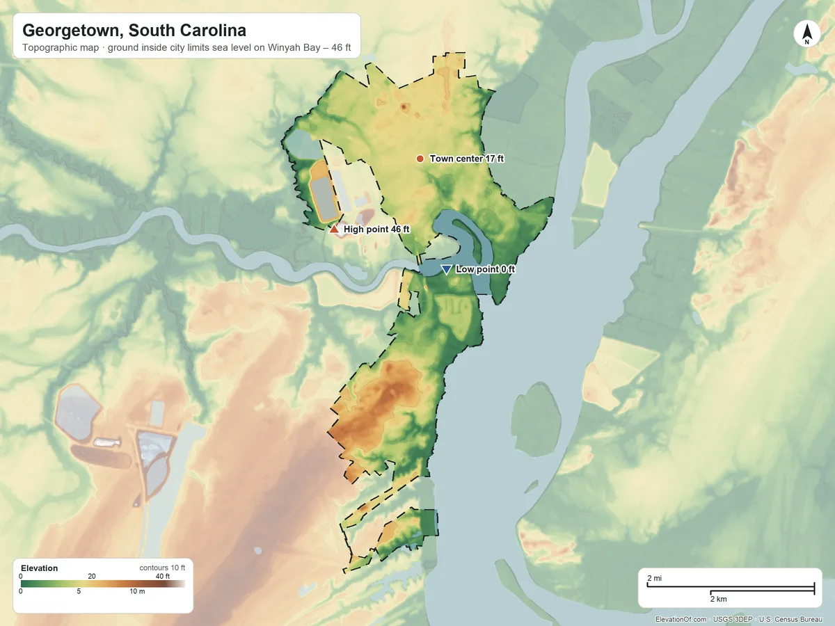Topographic elevation map of Georgetown, South Carolina, shaded from sea level level on Winyah Bay to 46 ft on the southwest side