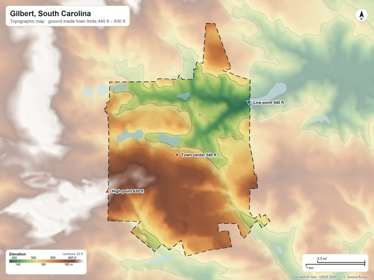 Topographic elevation map of Gilbert, South Carolina, shaded from 440 ft on the northeast side to 630 ft on the southwest side