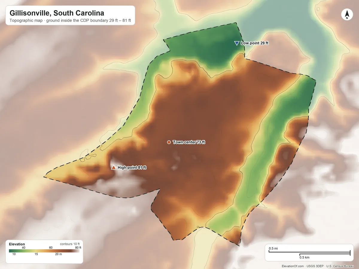 Topographic elevation map of Gillisonville, South Carolina, shaded from 29 ft on the northeast side to 81 ft on the southwest side