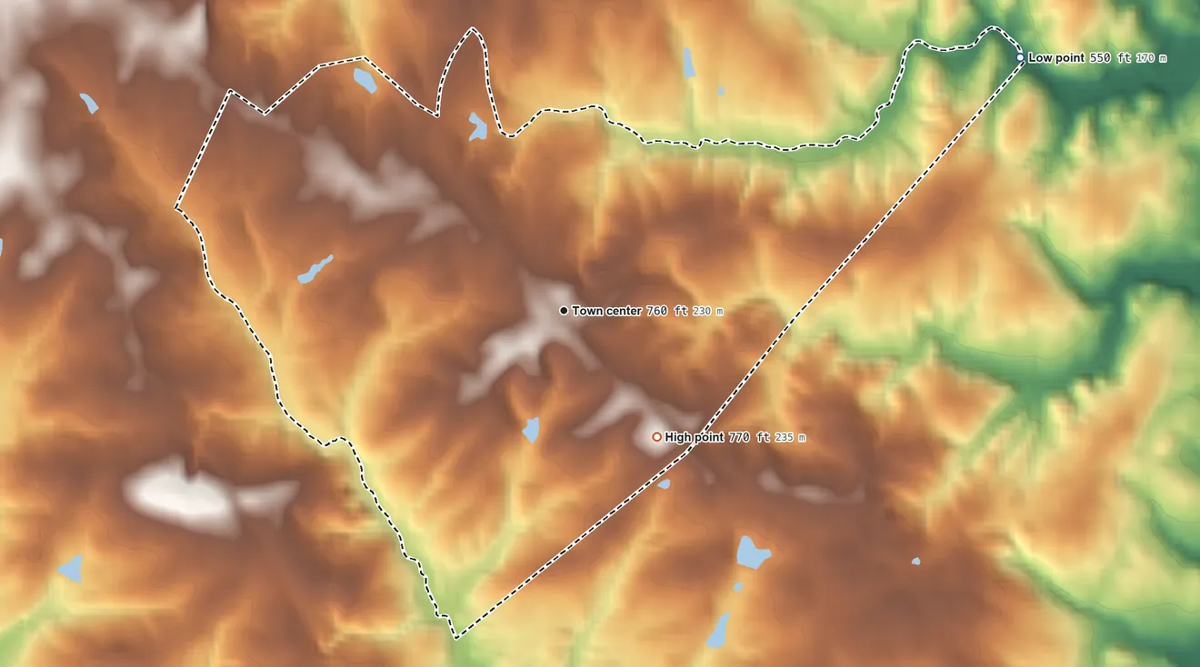 Topographic elevation map of Glenn Springs, South Carolina, shaded from 550 ft on the northeast side to 770 ft on the southeast side
