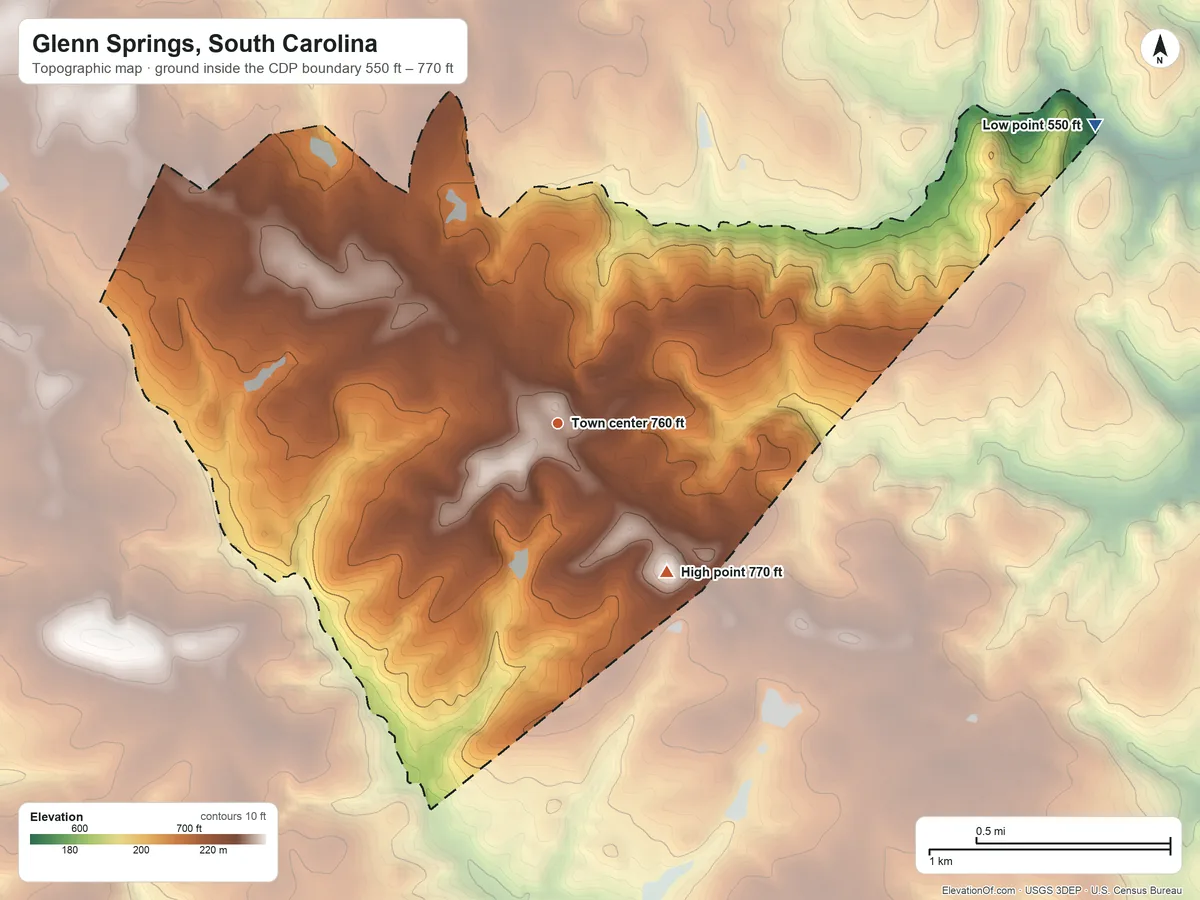 Topographic elevation map of Glenn Springs, South Carolina, shaded from 550 ft on the northeast side to 770 ft on the southeast side