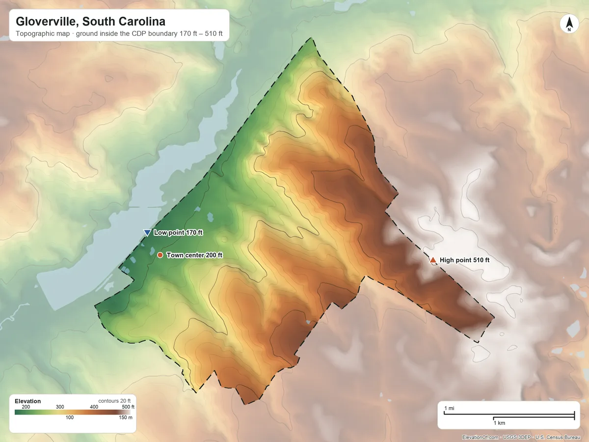 Topographic elevation map of Gloverville, South Carolina, shaded from 170 ft near the middle to 510 ft on the east side