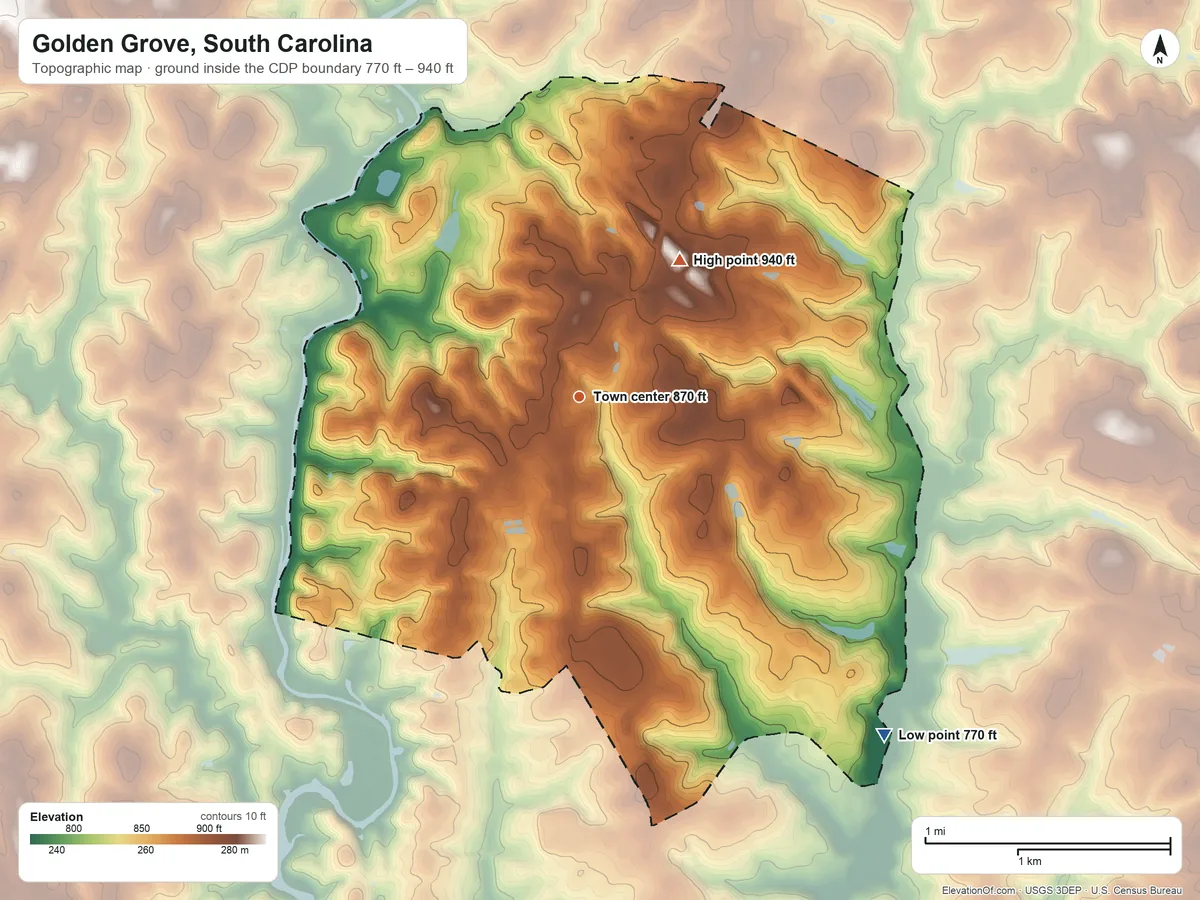 Topographic elevation map of Golden Grove, South Carolina, shaded from 770 ft on the southeast side to 940 ft on the northeast side