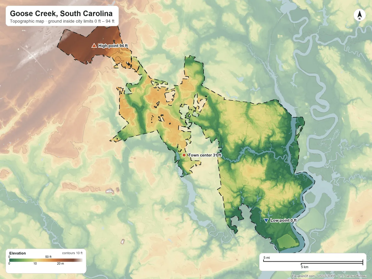 Topographic elevation map of Goose Creek, South Carolina, shaded from 0 ft on the southeast side to 94 ft on the northwest side