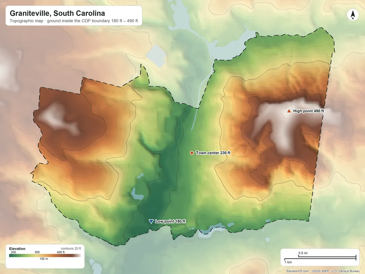 Topographic elevation map of Graniteville, South Carolina, shaded from 180 ft on the southwest side to 490 ft on the northeast side