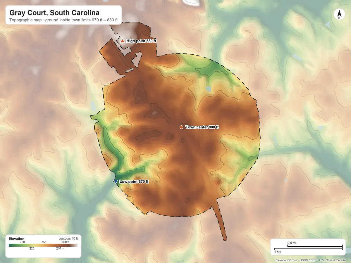 Topographic elevation map of Gray Court, South Carolina, shaded from 670 ft on the southwest side to 830 ft on the northwest side