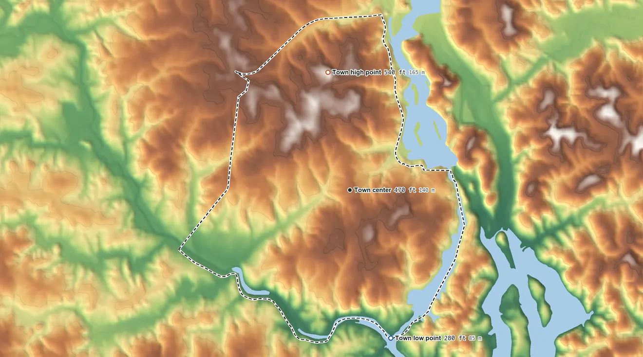 Topographic elevation map of Great Falls, South Carolina, shaded from 280 ft on the south side to 540 ft on the north side