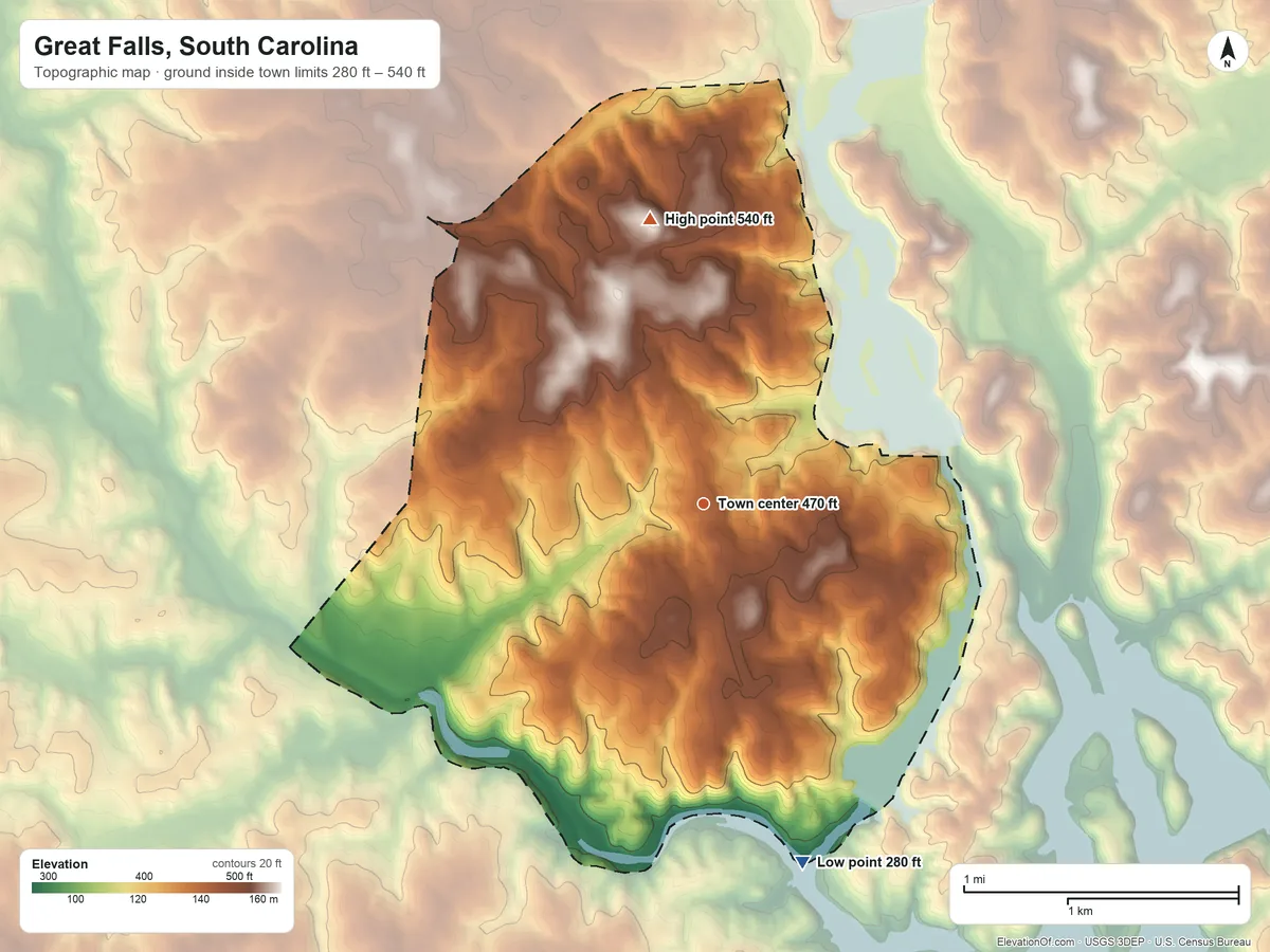 Topographic elevation map of Great Falls, South Carolina, shaded from 280 ft on the south side to 540 ft on the north side
