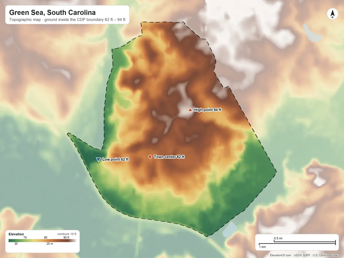 Topographic elevation map of Green Sea, South Carolina, shaded from 62 ft on the west side to 94 ft on the northeast side