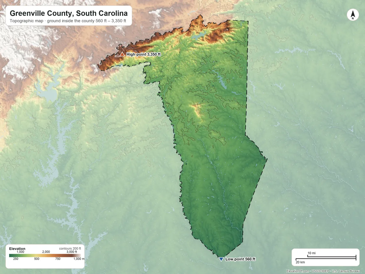 Topographic elevation map of Greenville County, South Carolina, shaded from 560 ft on the south side to 3,350 ft on Coldbranch Mountain
