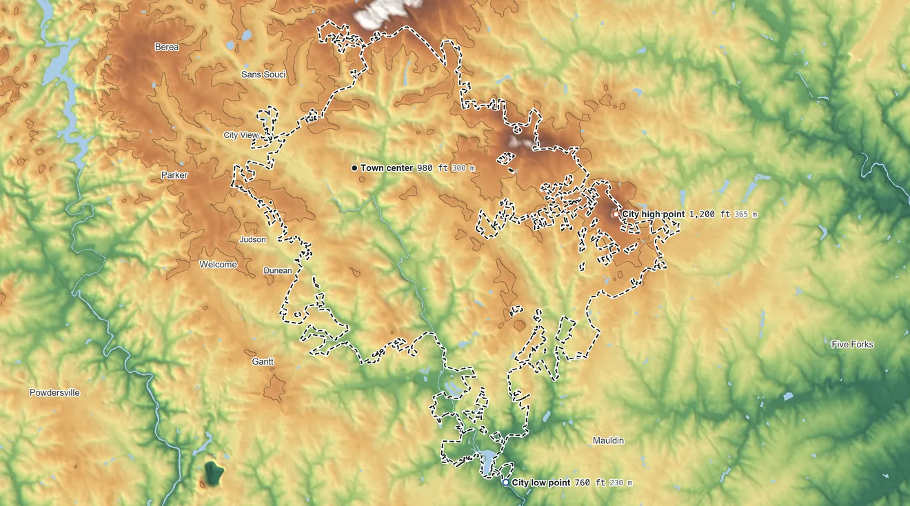 Topographic elevation map of Greenville, South Carolina, shaded from 760 ft on the southeast side to 1,198 ft on Roper Mountain
