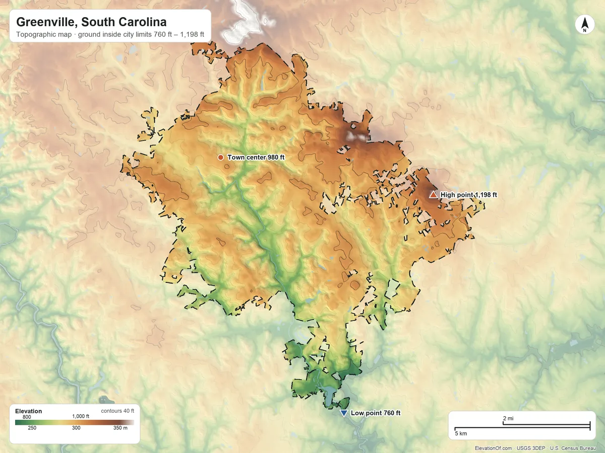 Topographic elevation map of Greenville, South Carolina, shaded from 760 ft on the southeast side to 1,198 ft on Roper Mountain