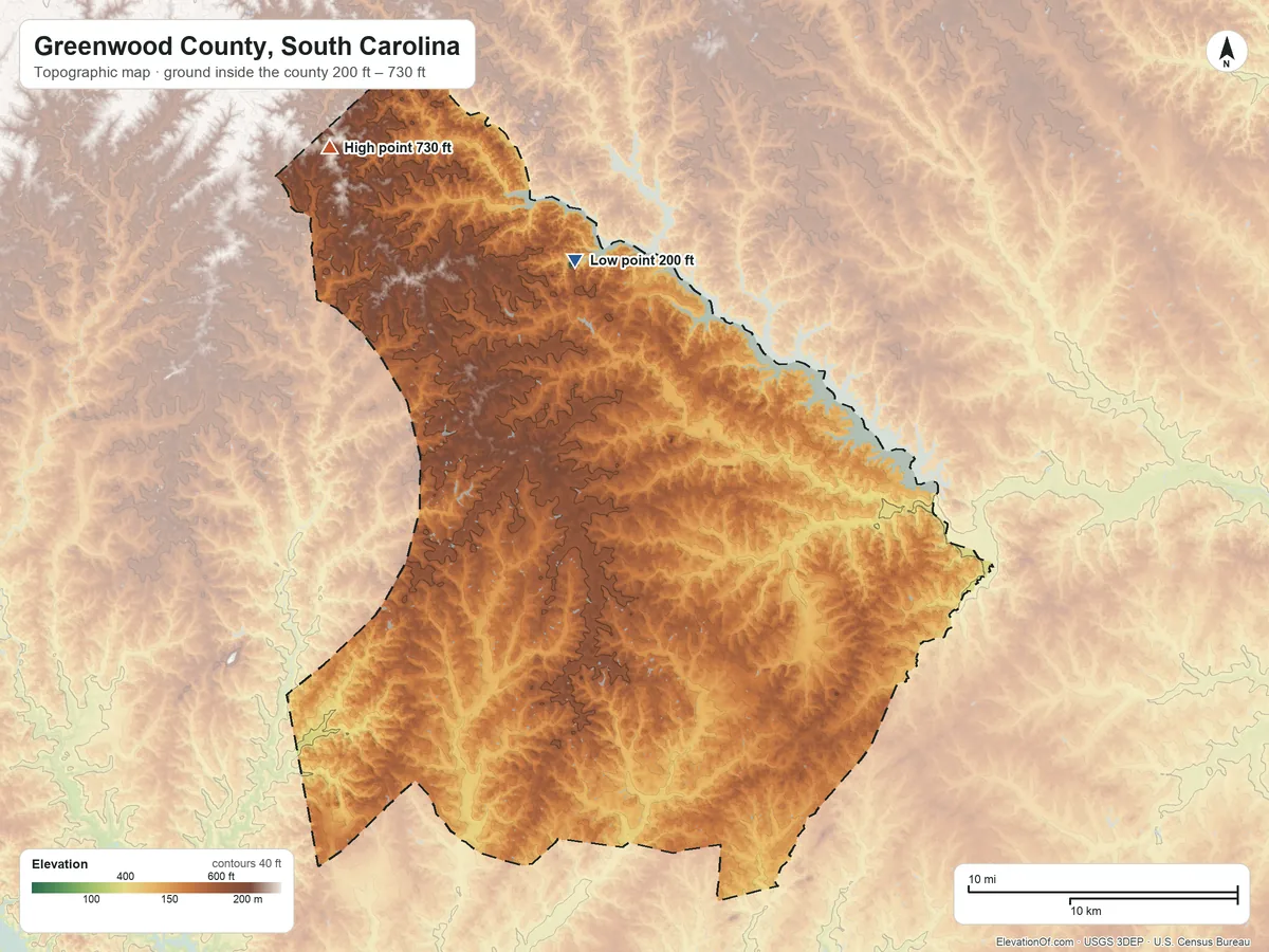 Topographic elevation map of Greenwood County, South Carolina, shaded from 200 ft on the north side to 730 ft on the northwest side
