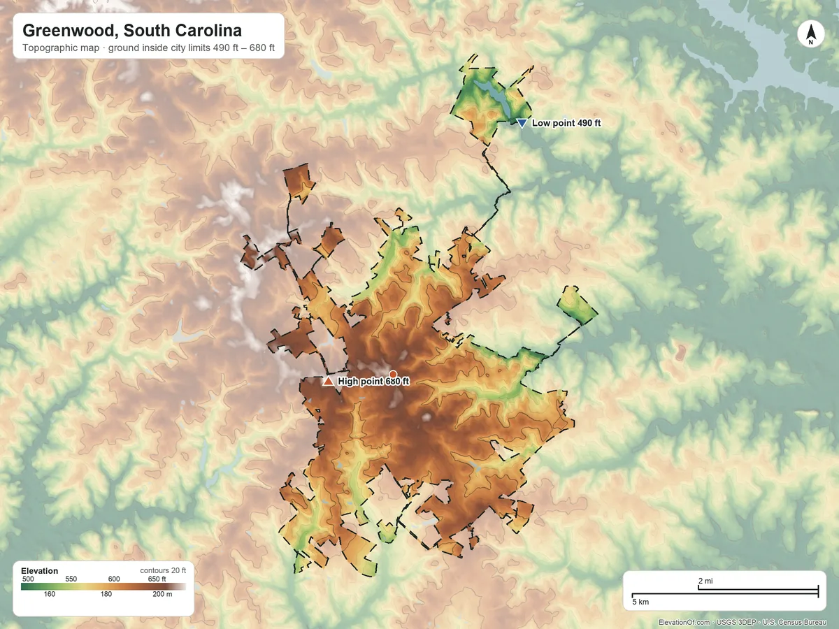 Topographic elevation map of Greenwood, South Carolina, shaded from 490 ft on the northeast side to 680 ft on the west side