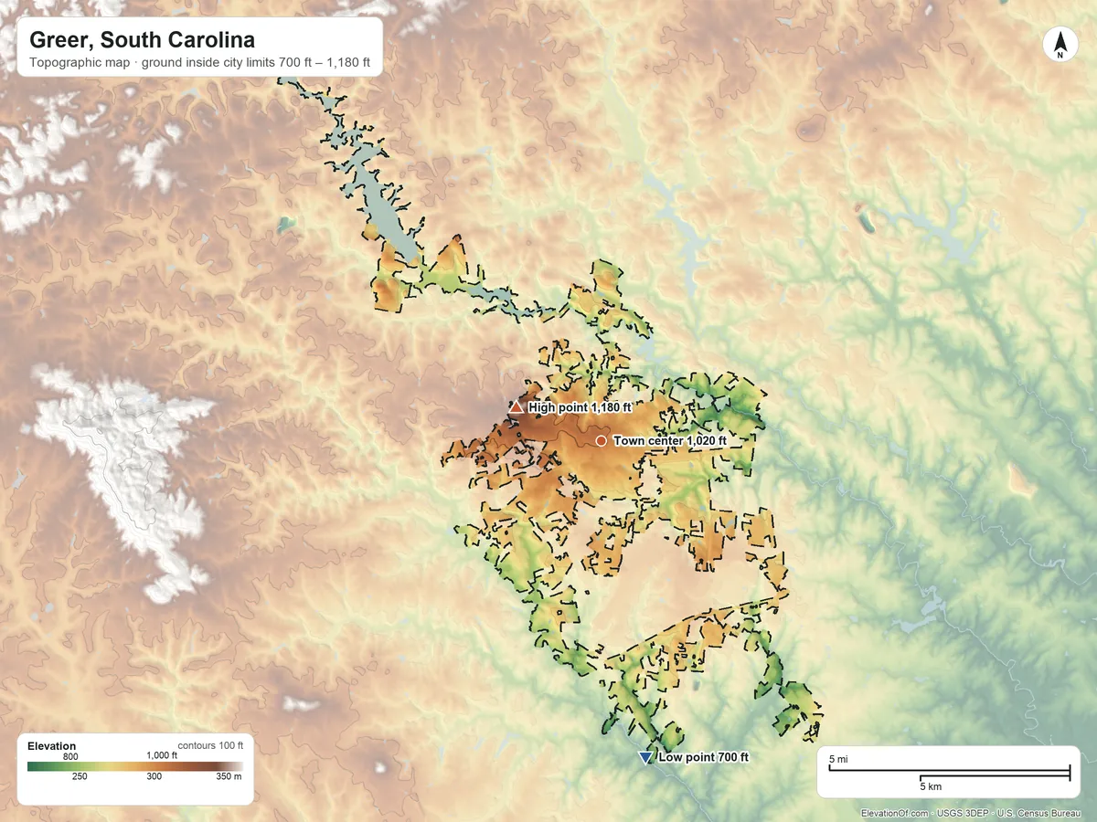 Topographic elevation map of Greer, South Carolina, shaded from 700 ft on the south side to 1,180 ft on the west side