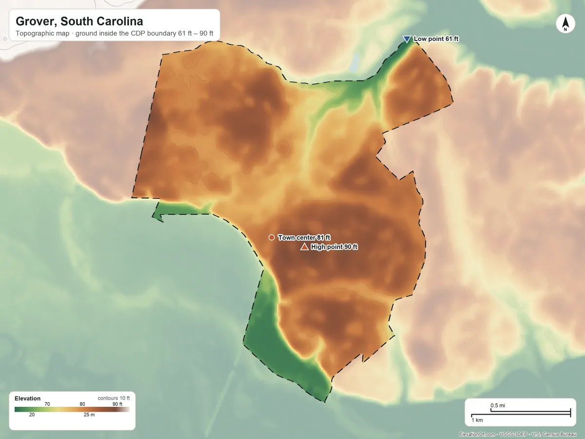 Topographic elevation map of Grover, South Carolina, shaded from 61 ft on the northeast side to 90 ft near the middle