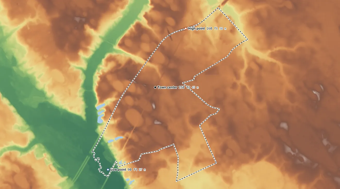 Topographic elevation map of Hamer, South Carolina, shaded from 90 ft on the southwest side to 160 ft on the northeast side