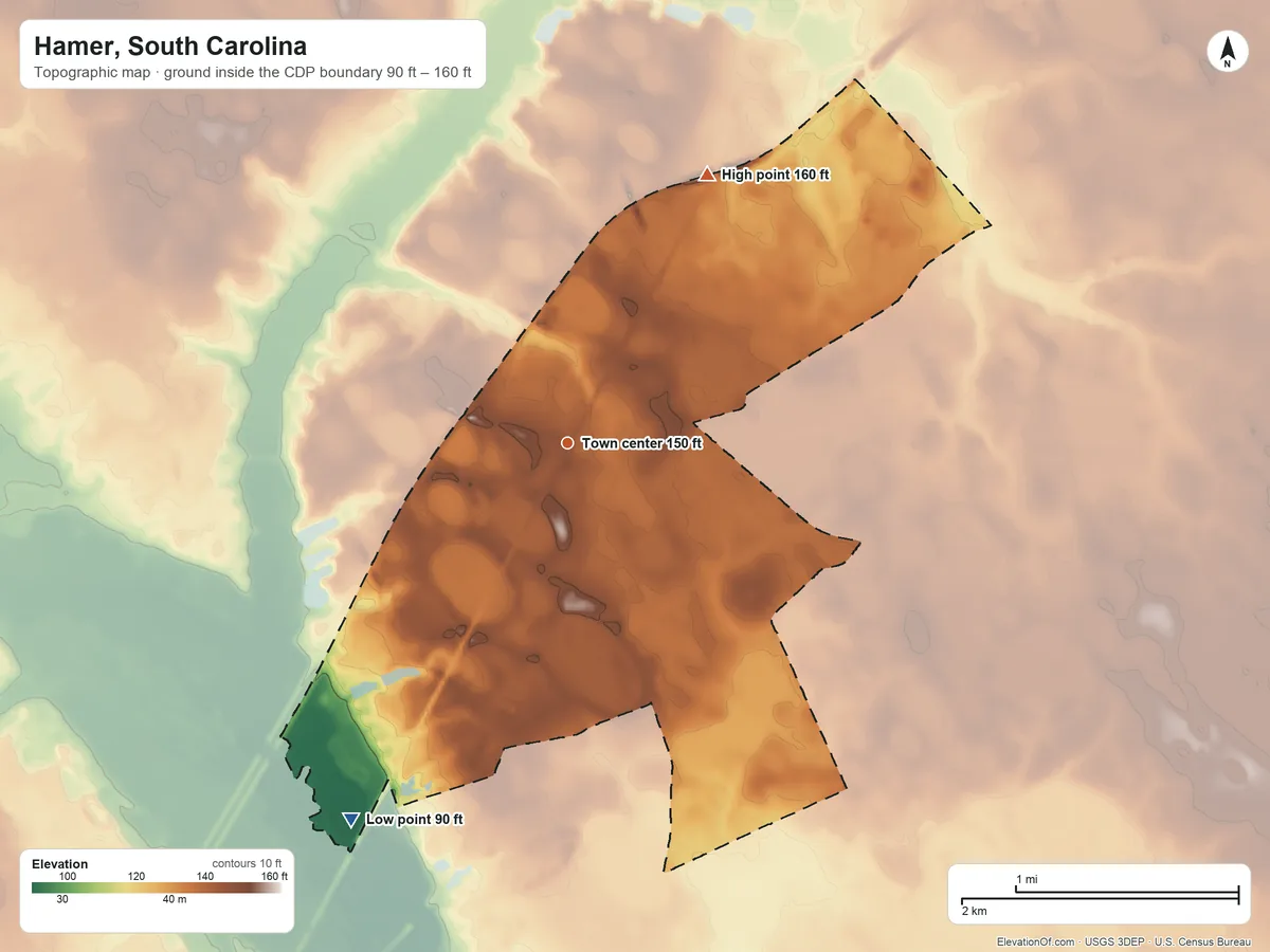 Topographic elevation map of Hamer, South Carolina, shaded from 90 ft on the southwest side to 160 ft on the northeast side