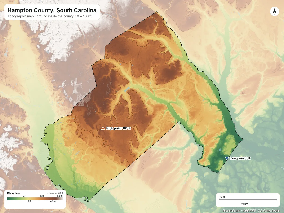 Topographic elevation map of Hampton County, South Carolina, shaded from 3 ft on the southeast side to 160 ft on the southwest side