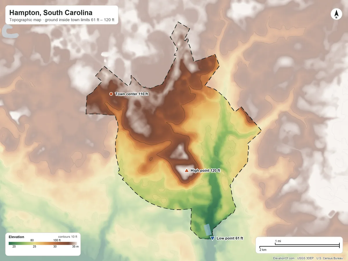 Topographic elevation map of Hampton, South Carolina, shaded from 61 ft on the southeast side to 120 ft on the southeast side