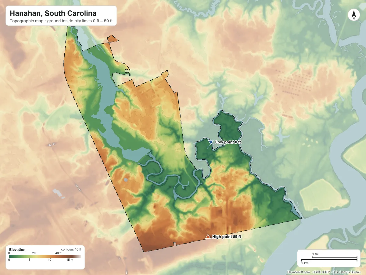 Topographic elevation map of Hanahan, South Carolina, shaded from 0 ft on the northeast side to 59 ft on the southeast side