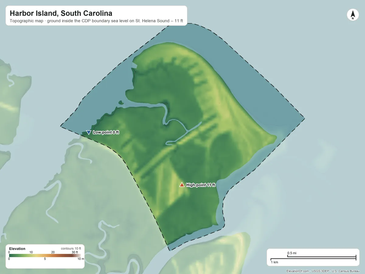 Topographic elevation map of Harbor Island, South Carolina, shaded from sea level level on St. Helena Sound to 11 ft on the south side