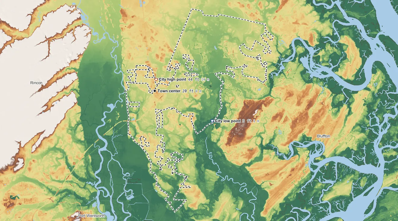 Topographic elevation map of Hardeeville, South Carolina, shaded from 3 ft on the southeast side to 44 ft near the middle