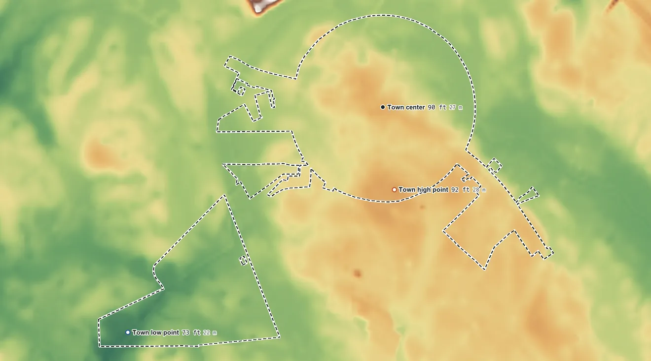 Topographic elevation map of Harleyville, South Carolina, shaded from 73 ft on the southwest side to 92 ft on the south side