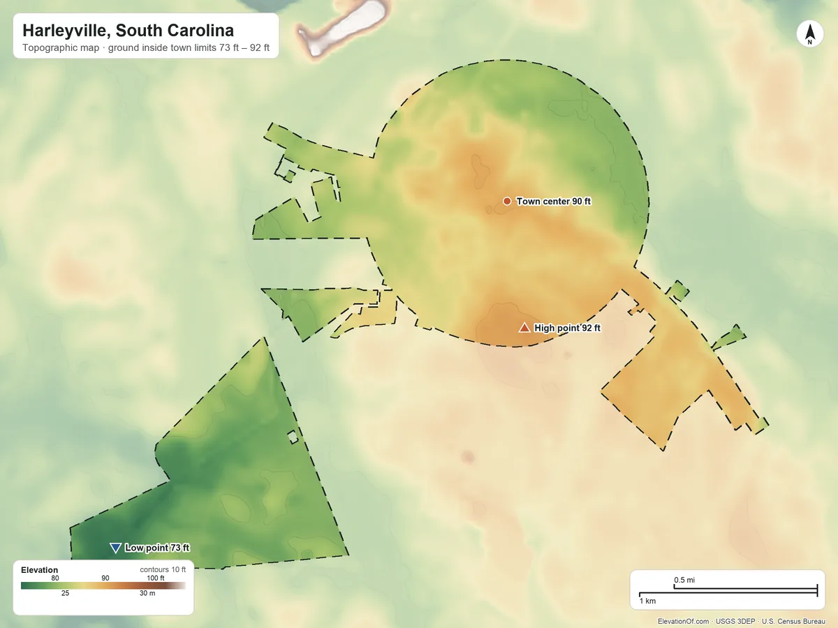 Topographic elevation map of Harleyville, South Carolina, shaded from 73 ft on the southwest side to 92 ft on the south side