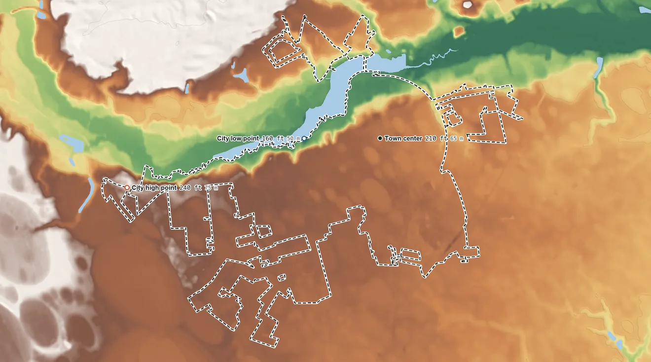Topographic elevation map of Hartsville, South Carolina, shaded from 160 ft on the west side to 240 ft on the west side