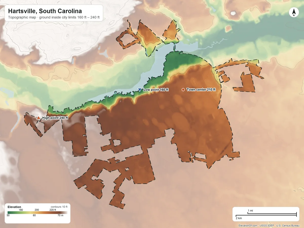 Topographic elevation map of Hartsville, South Carolina, shaded from 160 ft on the west side to 240 ft on the west side