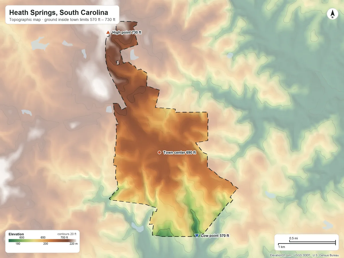 Topographic elevation map of Heath Springs, South Carolina, shaded from 570 ft on the southeast side to 730 ft on the northwest side