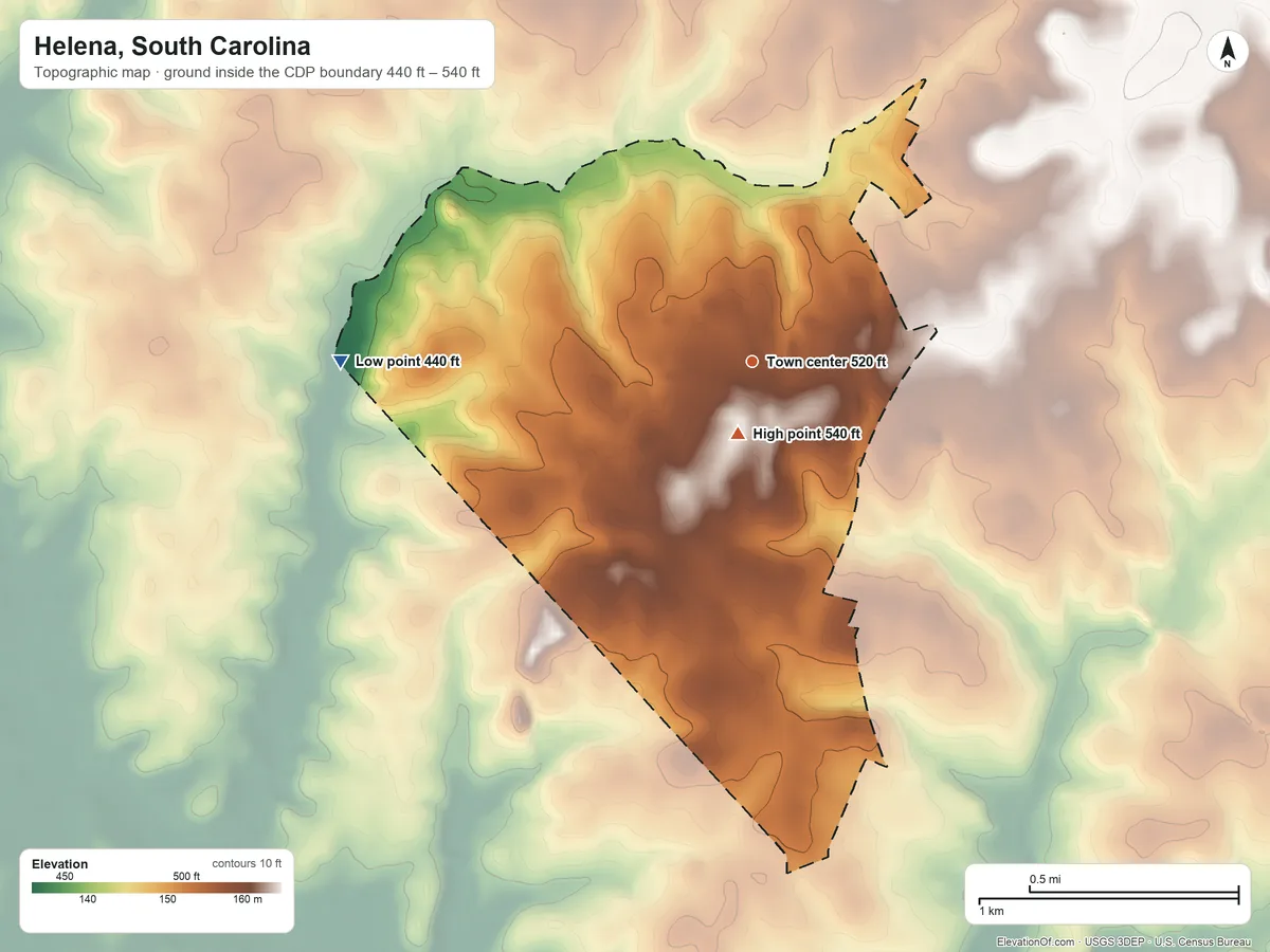 Topographic elevation map of Helena, South Carolina, shaded from 440 ft on the west side to 540 ft near the middle