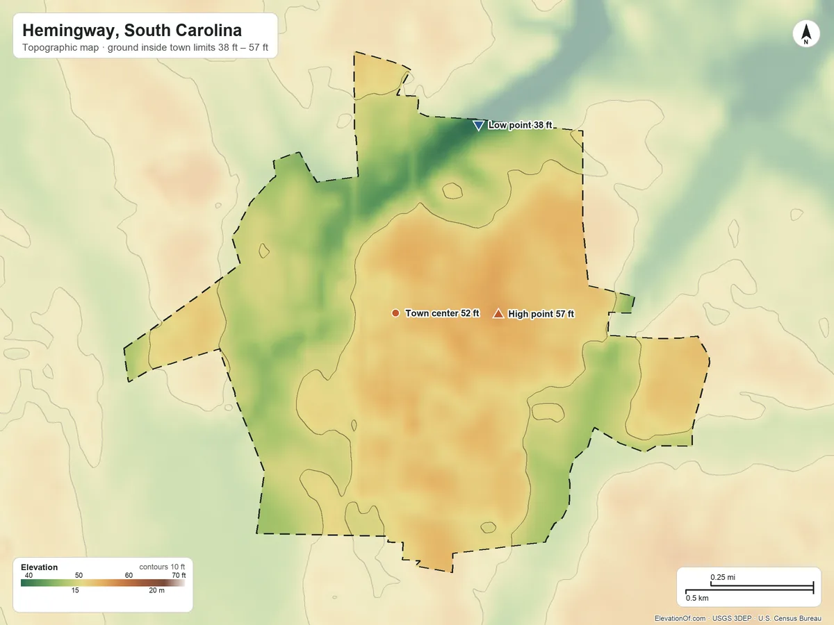 Topographic elevation map of Hemingway, South Carolina, shaded from 38 ft on the northeast side to 57 ft on the east side