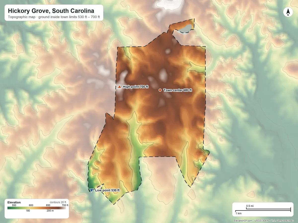 Topographic elevation map of Hickory Grove, South Carolina, shaded from 530 ft on the southwest side to 700 ft on the west side