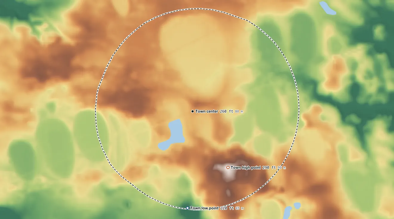 Topographic elevation map of Hilda, South Carolina, shaded from 220 ft on the south side to 290 ft on the southeast side