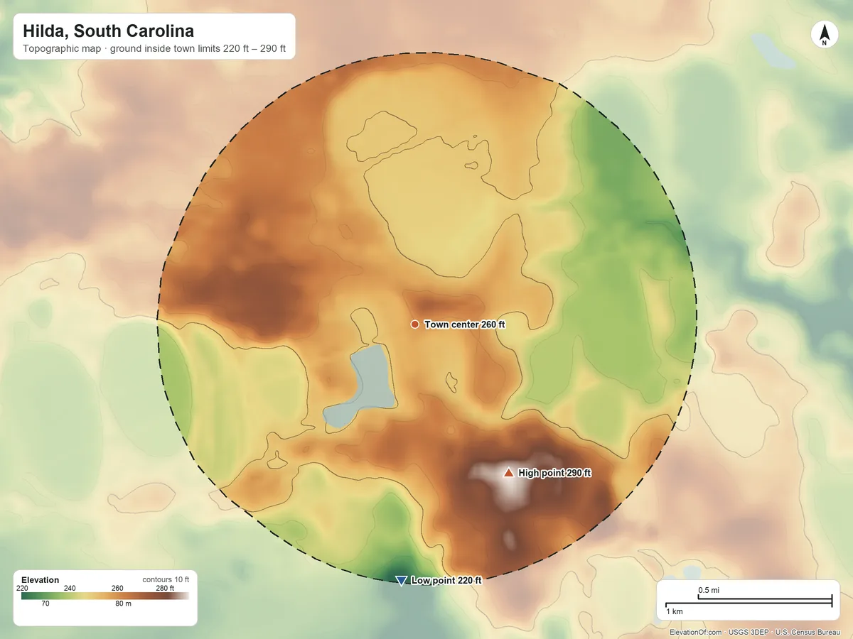 Topographic elevation map of Hilda, South Carolina, shaded from 220 ft on the south side to 290 ft on the southeast side