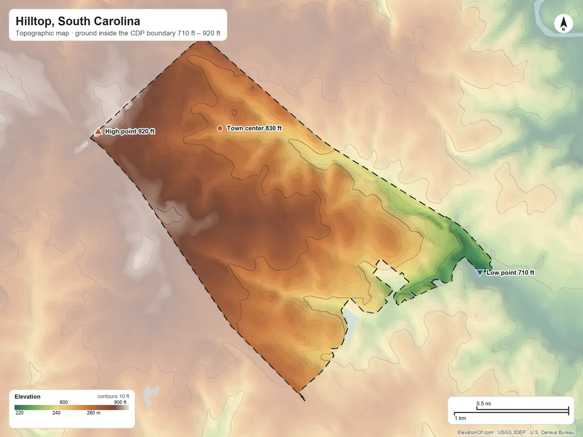 Topographic elevation map of Hilltop, South Carolina, shaded from 710 ft on the southeast side to 920 ft on the west side