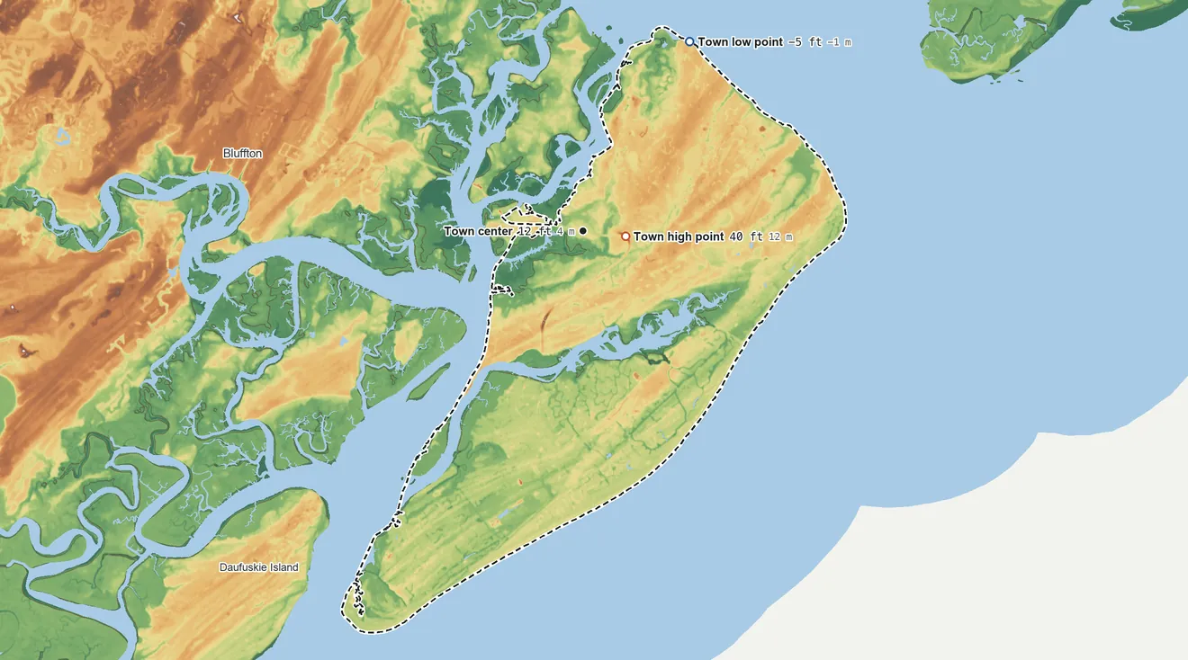 Topographic elevation map of Hilton Head Island, South Carolina, shaded from −5 ft on the northeast side to 40 ft near the middle