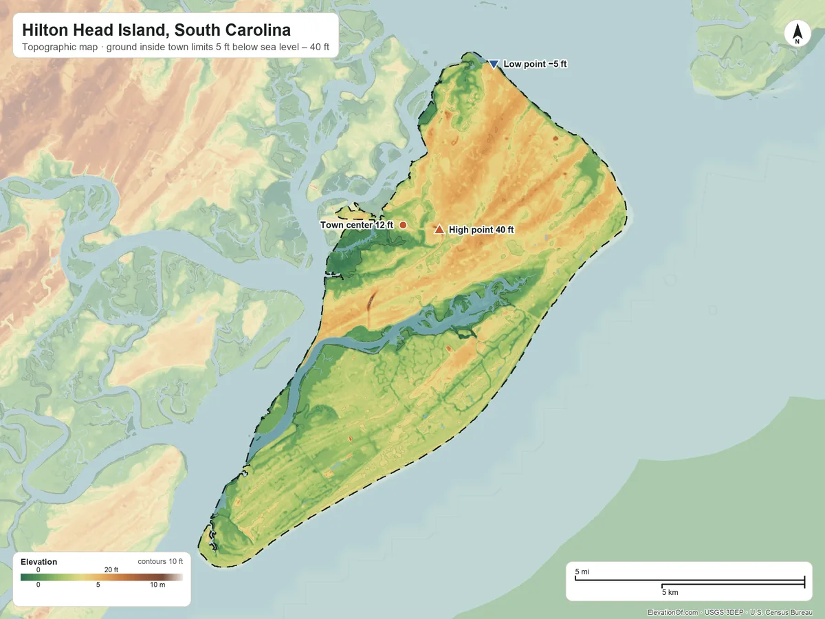 Topographic elevation map of Hilton Head Island, South Carolina, shaded from −5 ft on the northeast side to 40 ft near the middle