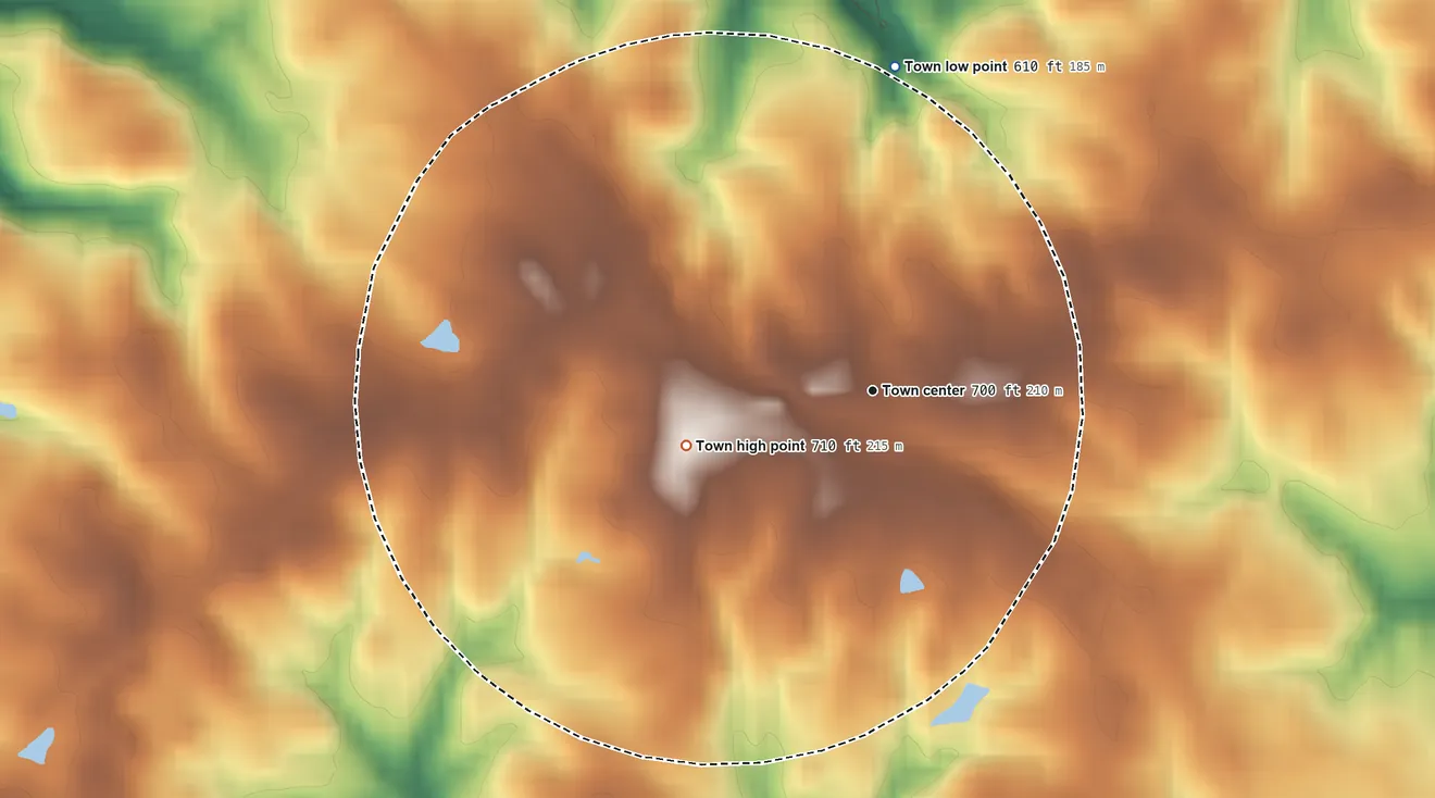 Topographic elevation map of Hodges, South Carolina, shaded from 610 ft on the north side to 710 ft on the west side