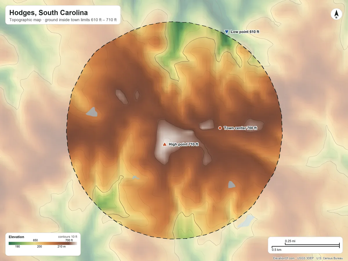 Topographic elevation map of Hodges, South Carolina, shaded from 610 ft on the north side to 710 ft on the west side