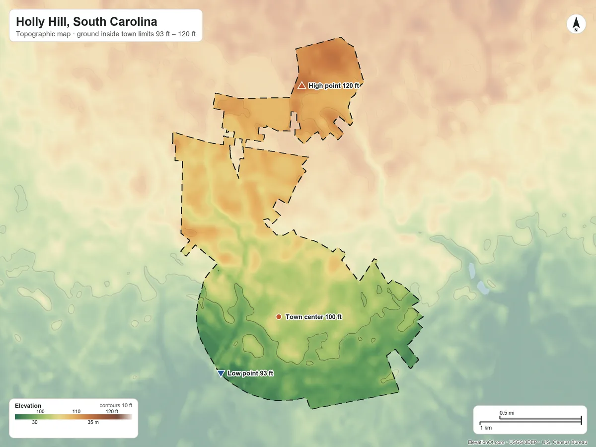 Topographic elevation map of Holly Hill, South Carolina, shaded from 93 ft on the southwest side to 120 ft on the north side