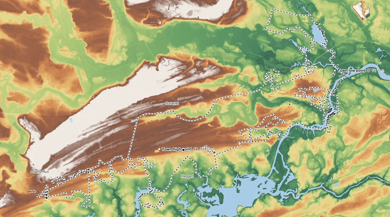 Topographic elevation map of Hollywood, South Carolina, shaded from 0 ft on the northeast side to 40 ft near the middle