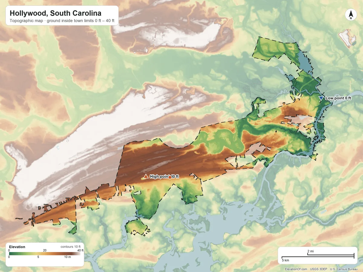 Topographic elevation map of Hollywood, South Carolina, shaded from 0 ft on the northeast side to 40 ft near the middle
