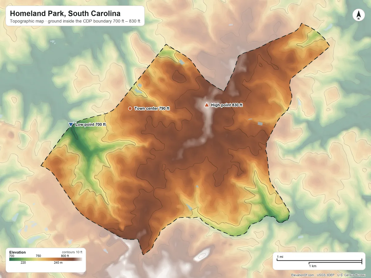 Topographic elevation map of Homeland Park, South Carolina, shaded from 700 ft on the west side to 830 ft on the east side