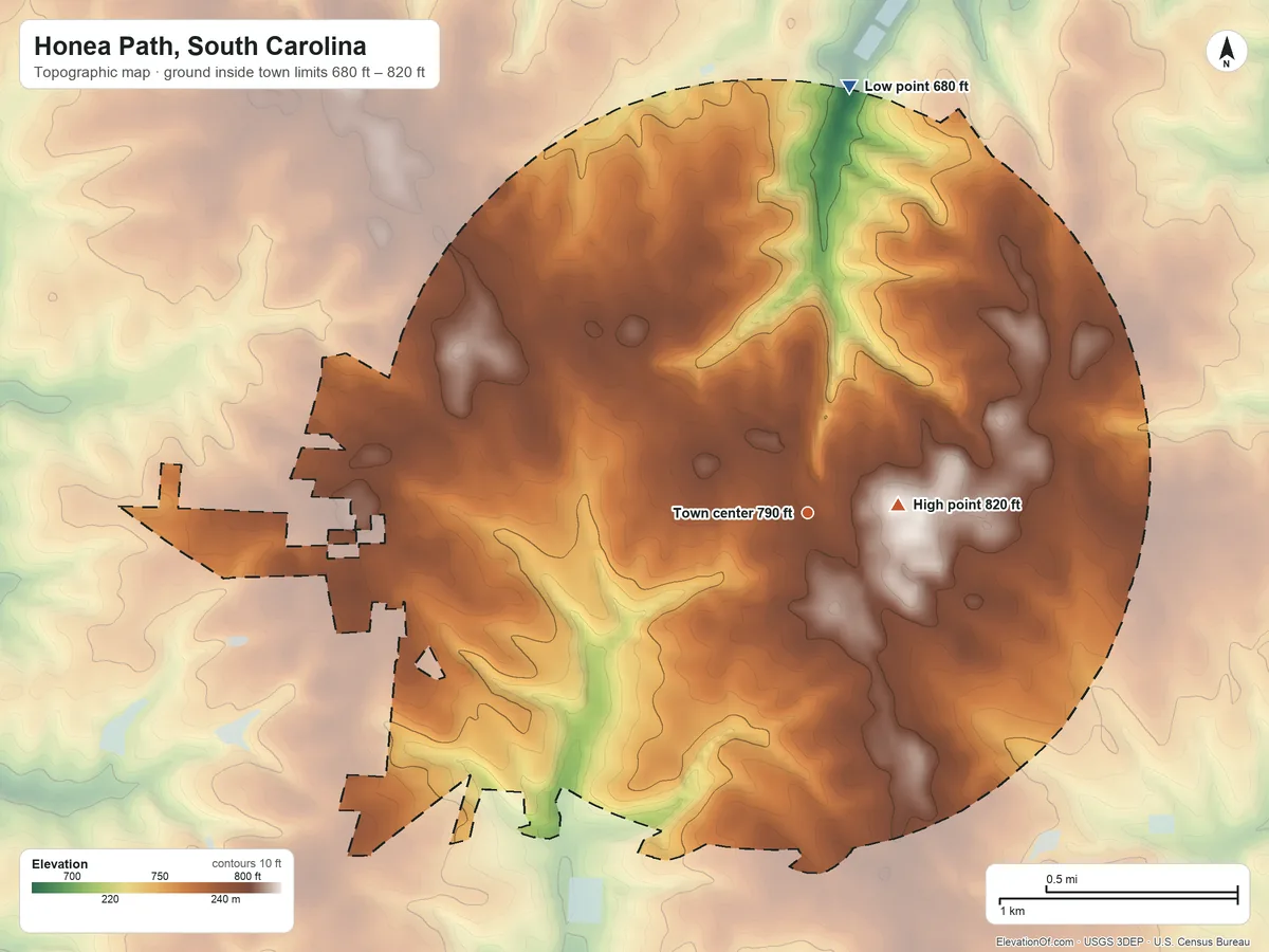 Topographic elevation map of Honea Path, South Carolina, shaded from 680 ft on the north side to 820 ft near the middle
