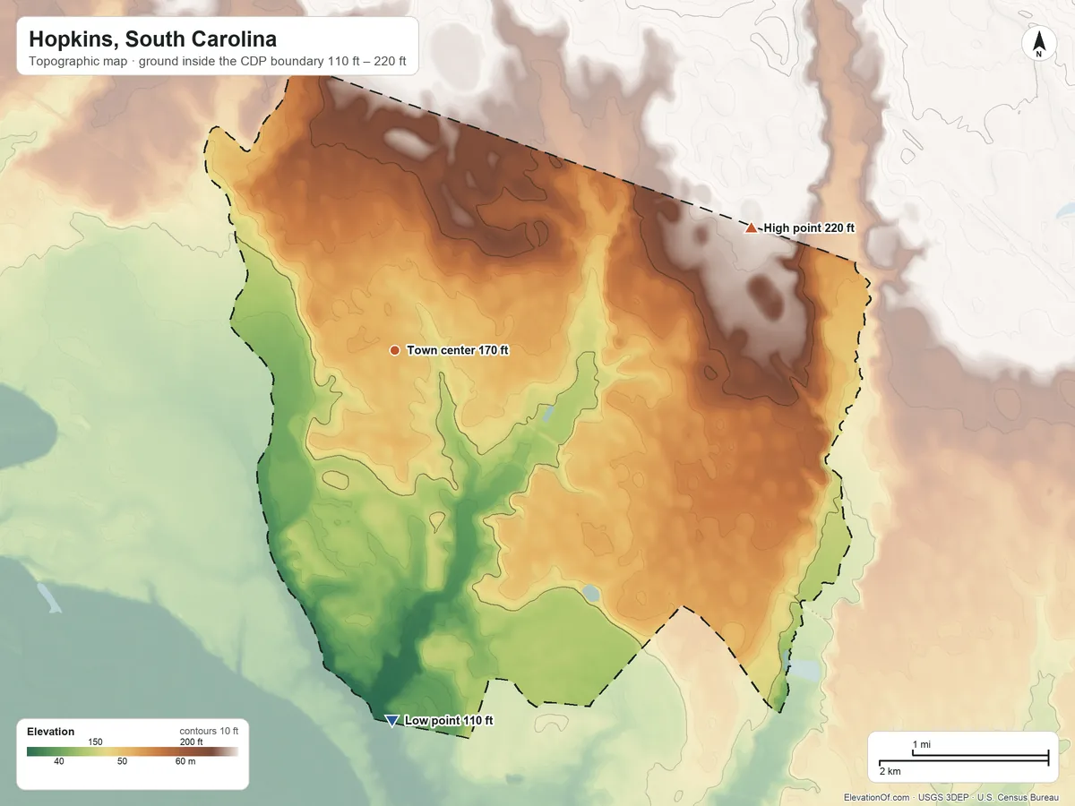Topographic elevation map of Hopkins, South Carolina, shaded from 110 ft on the south side to 220 ft on the east side