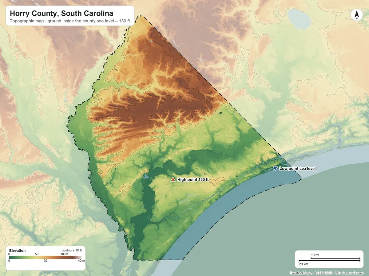 Topographic elevation map of Horry County, South Carolina, shaded from sea level on the Atlantic Ocean to 130 ft on the south side